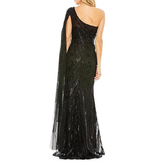 $898 Mac Duggal Asymmetric Sequined Black Gown Formal Wedding Dress Size 12 - Picture 3 of 11